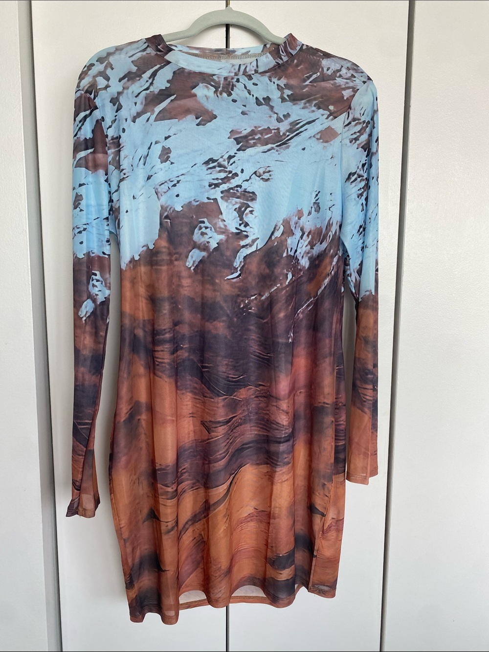 NWOT Tie-Dye Long Sleeve Mesh Dress in Sky Blue & Rust